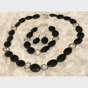 Black & Silver Metal Beaded Necklace, Bracelet, Earrings Set